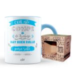 Taza celeste con mensaje para compañeros de trabajo