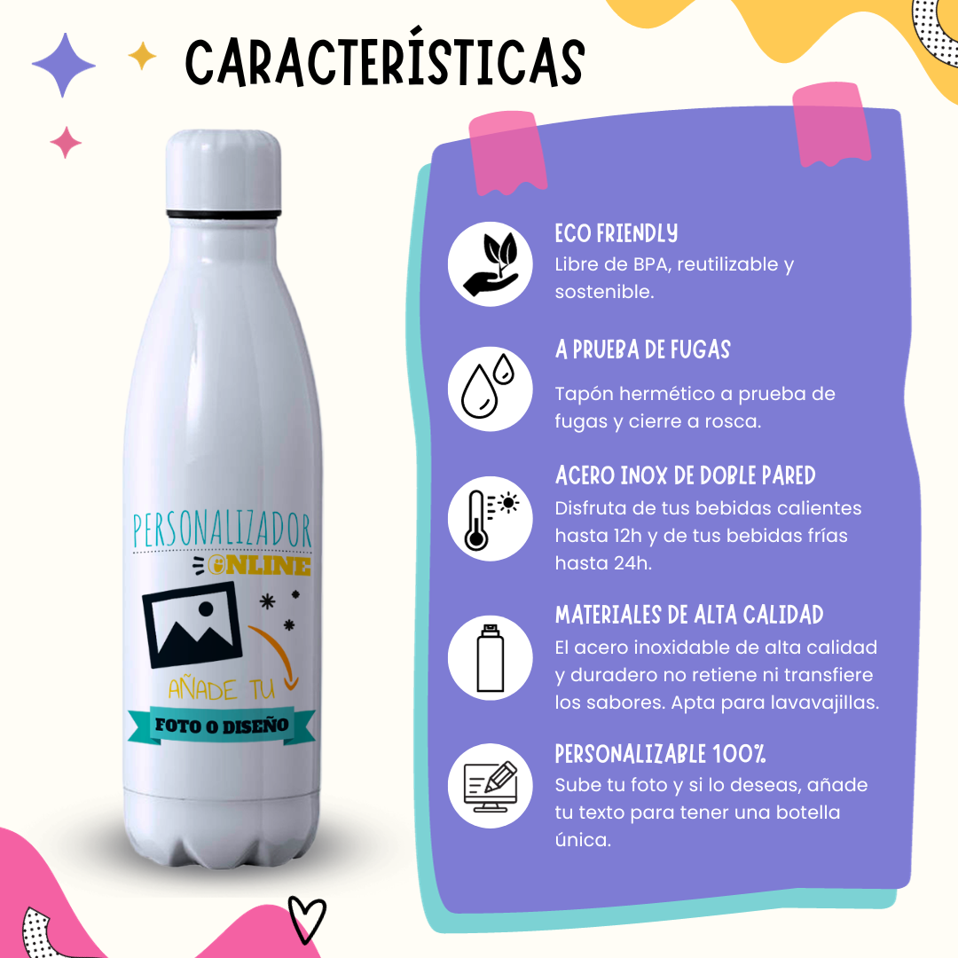 Botella personalizada con texto 500ml, Botella de agua acero inoxidable  térmica de doble capa, Libre de BPA y reutilizable, Bebidas frías 24h y  calientes 12h