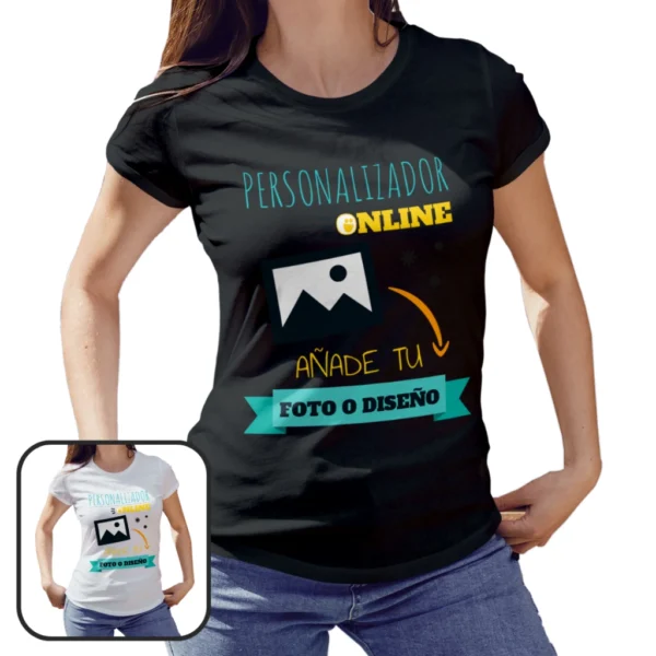 Camiseta personalizable para mujer con foto y texto en impresión a todo color sobre fondo blanco