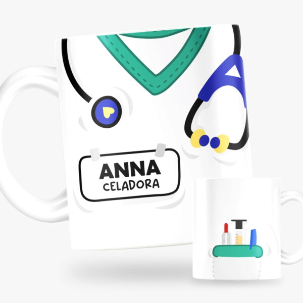 Taza personalizada para médicos con nombre y profesión. Modelo uniforme blanco.