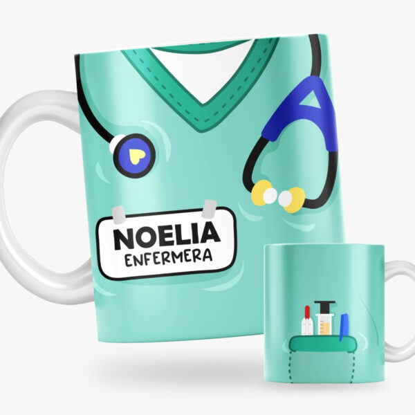 Taza personalizada para médicos con nombre y profesión. Modelo turquesa