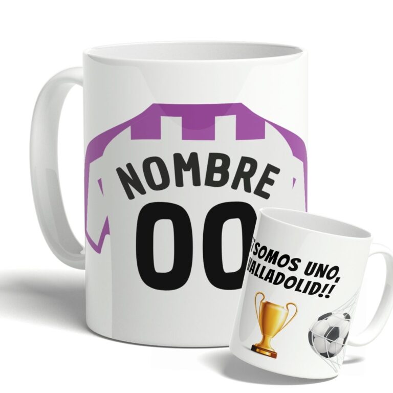 Taza personalizada fútbol Valladolid con nombre y número dorsal 10 de cerámica premium en Deregaloos.es.