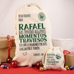 Pack Saco de regalos de Navidad y Saco de carbón personalizados. Diseño Melchor Verde