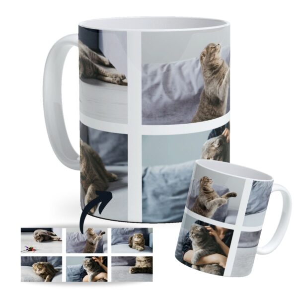 Taza de cerámica personalizada con foto, mostrando 6 imágenes a color.