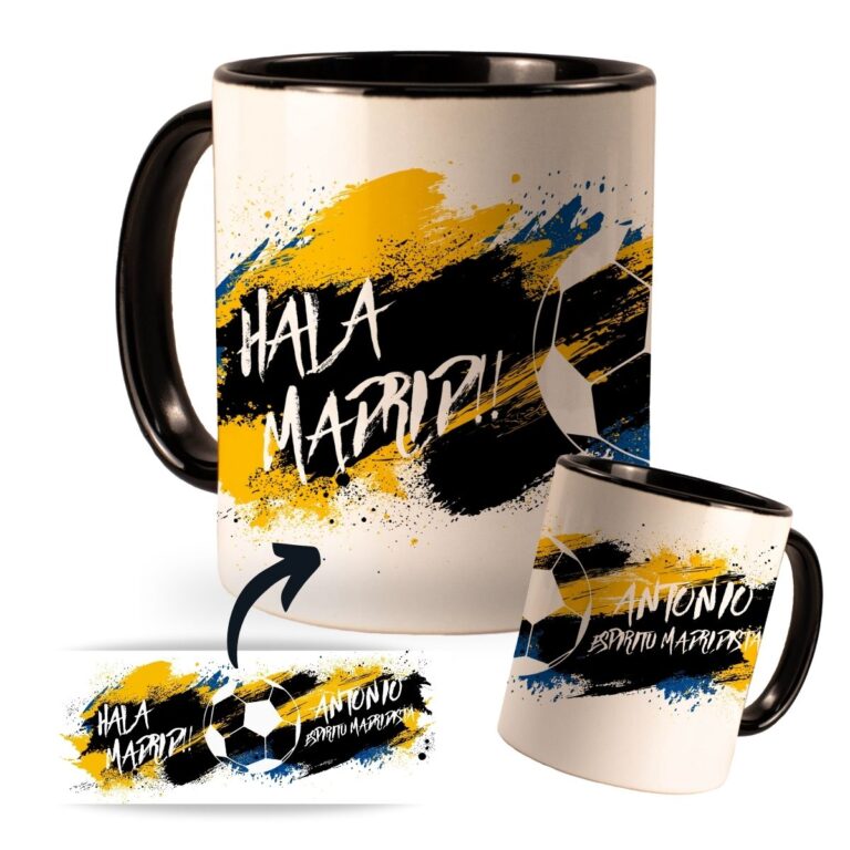 Taza de cerámica blanca personalizada con diseño estilo camiseta del Real Madrid con nombre y número