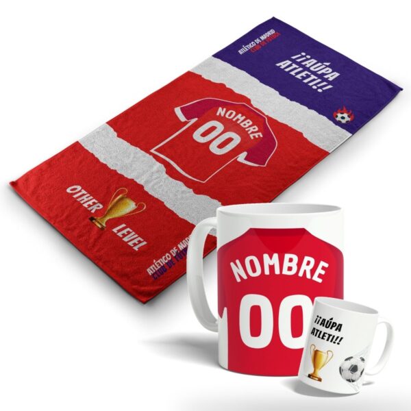 Pack Taza y Toalla del Atleti Personalizada con nombre y equipo de fútbol