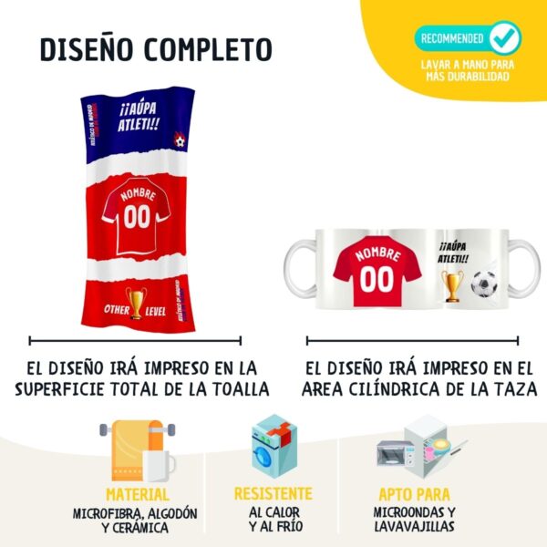 Pack Taza y Toalla del Atleti Personalizada con nombre y equipo de fútbol - Imagen 3