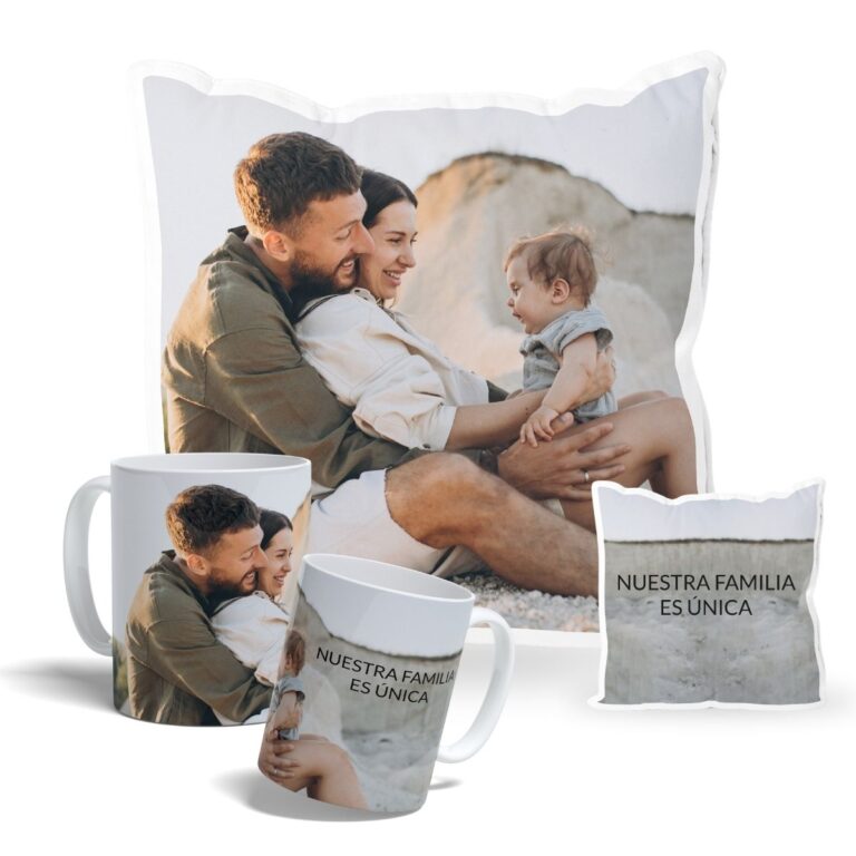 Pack Taza personalizada y cojín personalizado con foto.