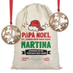Pack 2 Bolas de Navidad personalizadas de madera y Saco para Regalos con nombre.
