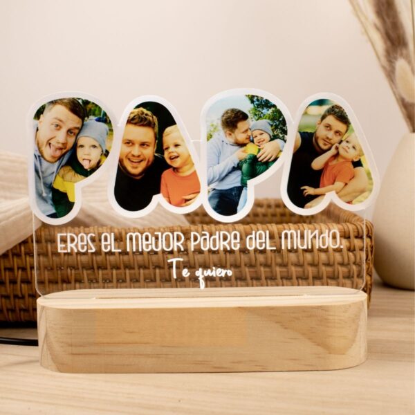 Lámpara LED personalizada con fotos y base de madera – Regalo para el Día del Padre.