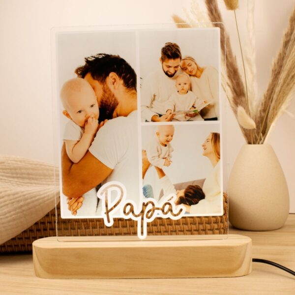 Lámpara con fotos personalizada para papá con luz LED y base de madera