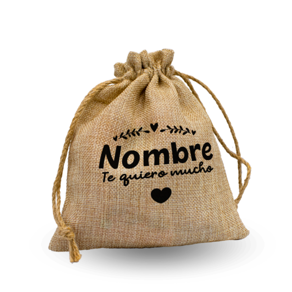 Saco Personalizado con Gominolas y Mensaje “Te Quiero Mucho” – Bolsa de Yute con Chuches - Imagen 2