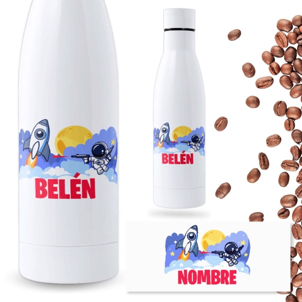 botella personalizada para niños con nombre diseño espacial