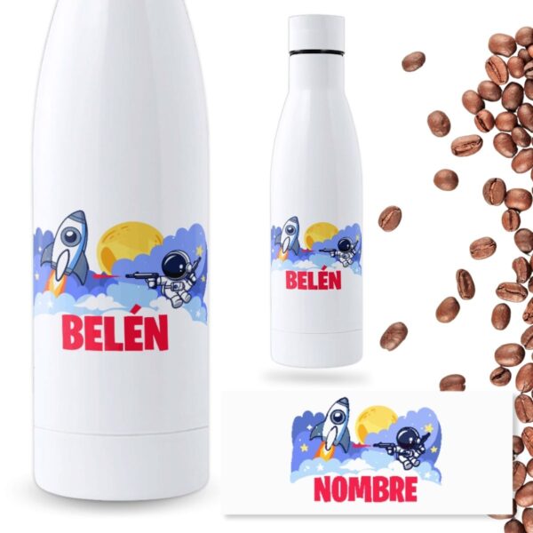 botella personalizada para niños con nombre diseño espacial