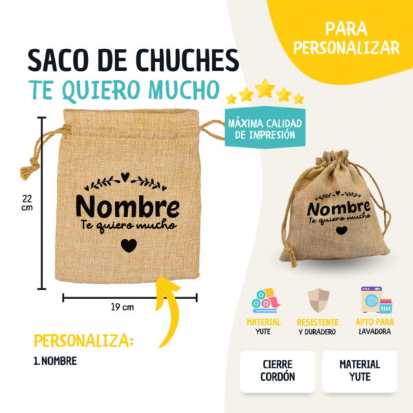 Saco Personalizado con Gominolas y Mensaje “Te Quiero Mucho” – Bolsa de Yute con Chuches - Imagen 3