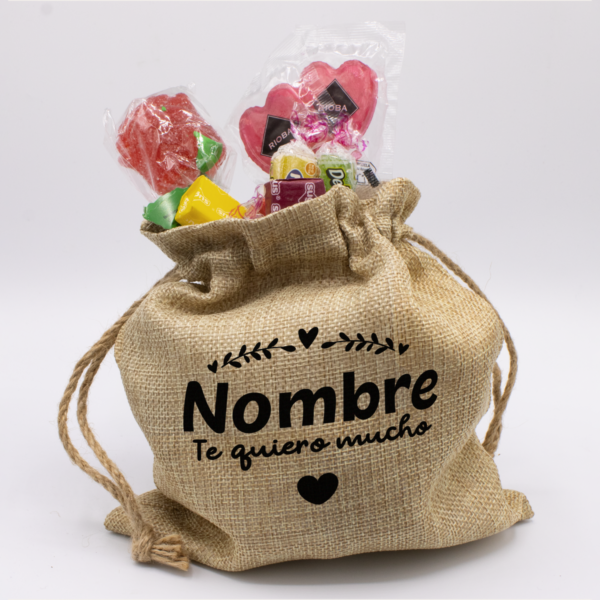 Saco Personalizado con Gominolas y Mensaje “Te Quiero Mucho” – Bolsa de Yute con Chuches - Imagen 7