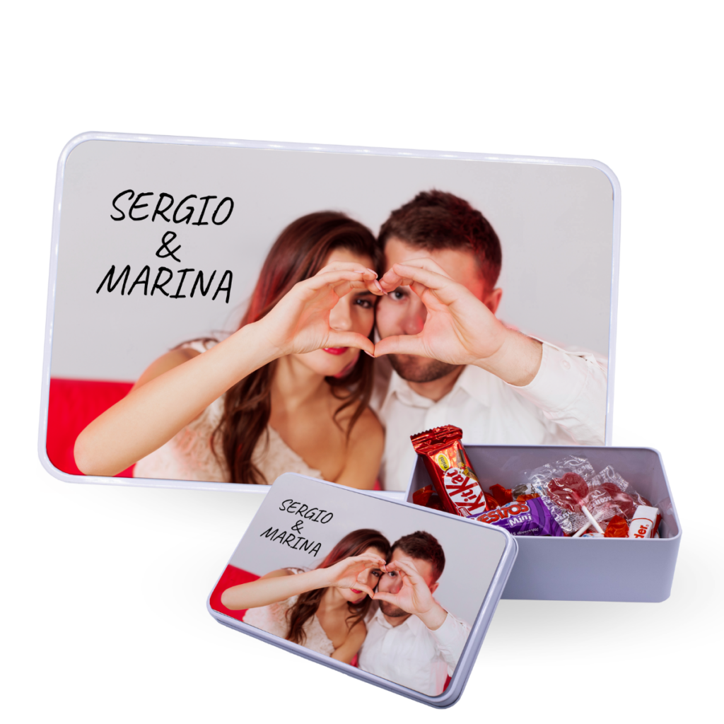 caja de bombones personalizada con foto en lata metálica rectangular