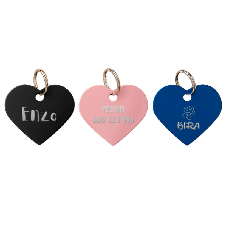 chapa identificativa forma de corazón para perro personalizada grabada a doble cara