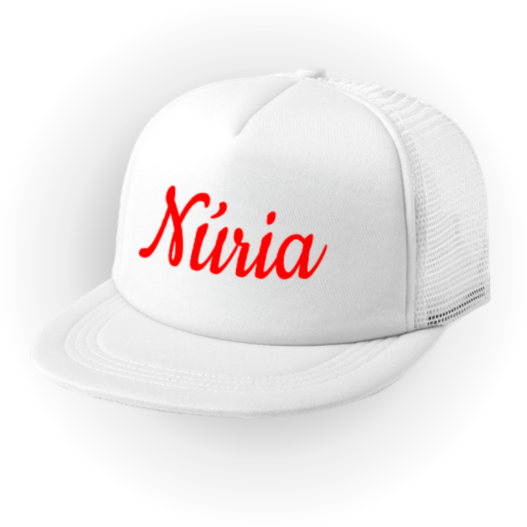 Gorra trucker blanca personalizada con un logotipo colorido en el frontal, con visera plana y rejilla trasera.