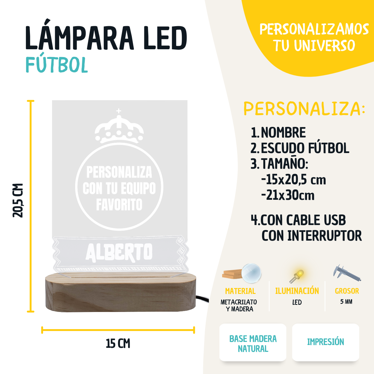 Lámpara LED de Fútbol | Personalizada con Base de Madera | Regalos de Fútbol - Imagen 2
