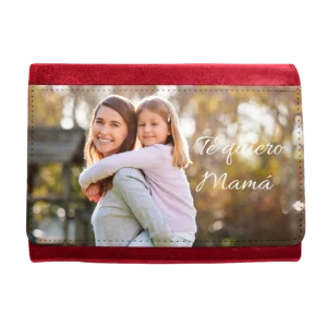 Monedero de tela vaquera azul marino para mujer personalizado con una fotografía a color y texto dedicado.