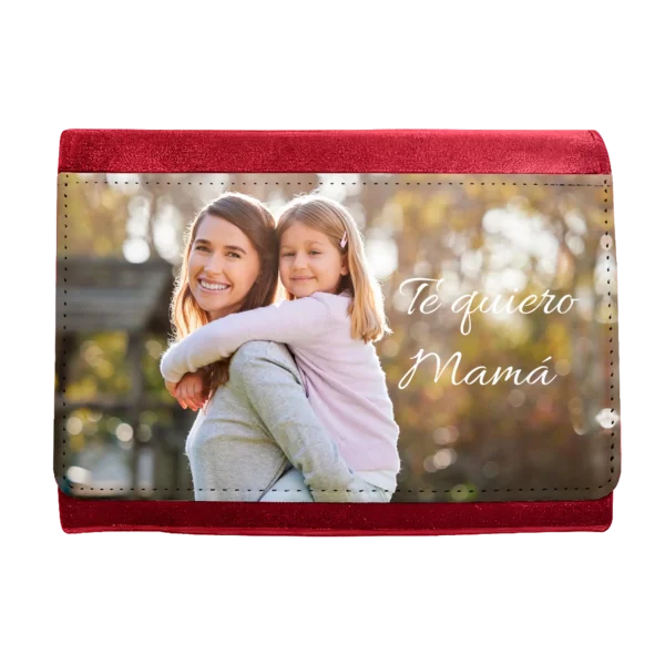 Monedero de tela vaquera azul marino para mujer personalizado con una fotografía a color y texto dedicado.