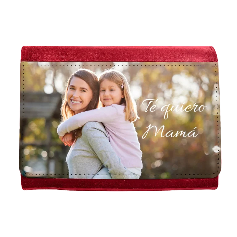 Monedero de tela vaquera azul marino para mujer personalizado con una fotografía a color y texto dedicado.